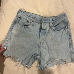 Levi's 501 Light Blue Frayed Hem Jean Shorts